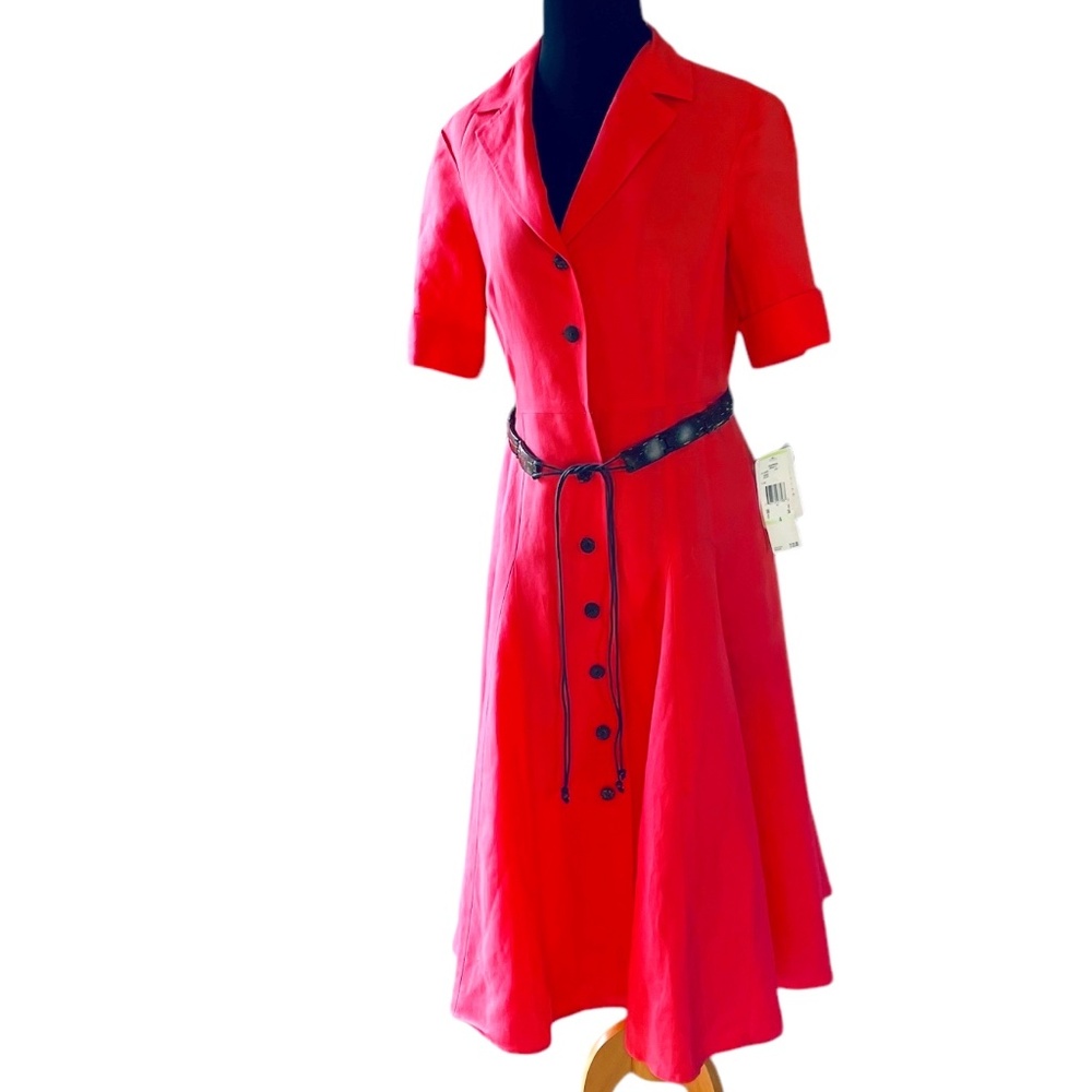 NWT Kasper Women's Linen Coral Fit-Flared Collard Dress With Coconut Belt, Sz‎ 4